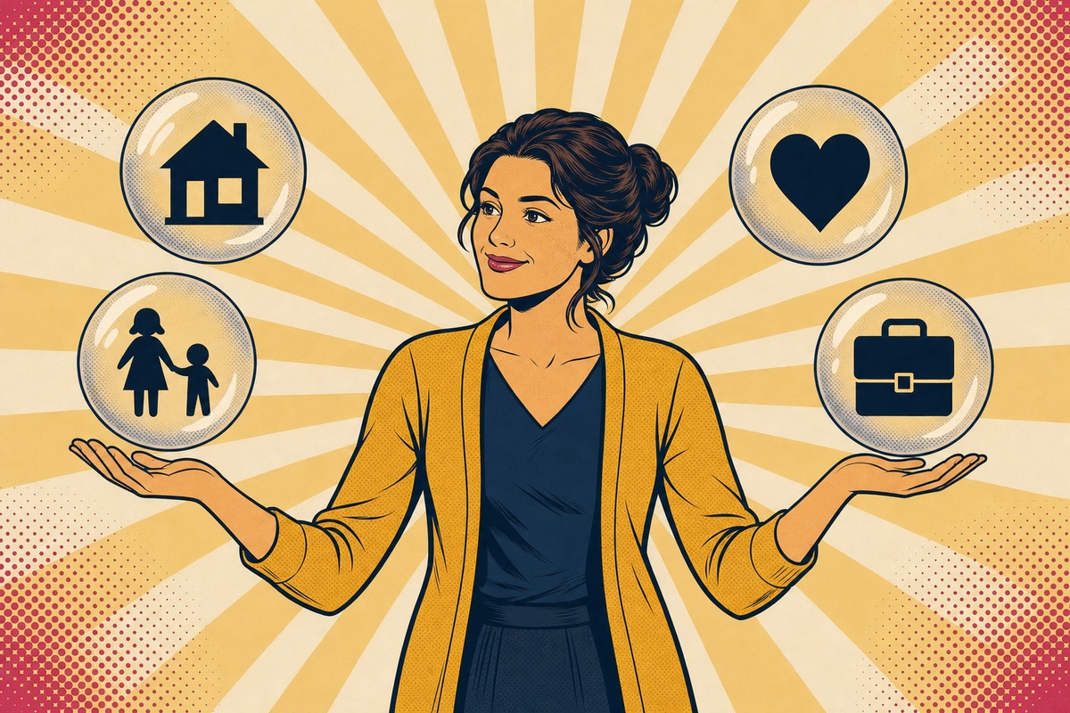 Illustrazione: quattro liste affiancate, ciascuna sormontata da un'icona, una casa, un bambino, un cuore e una valigetta, che la mamma tiene in equilibrio come sfere distinte della vita
