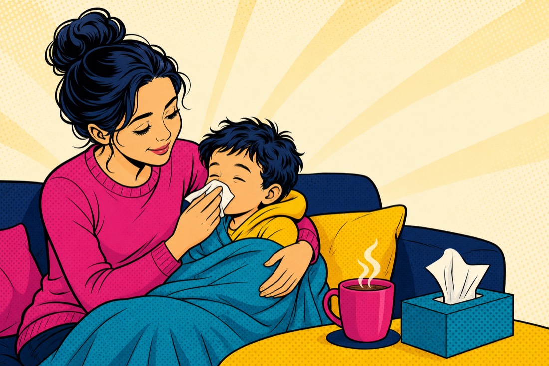 Illustrazione: un genitore si prende cura del bambino raffreddato sul divano
