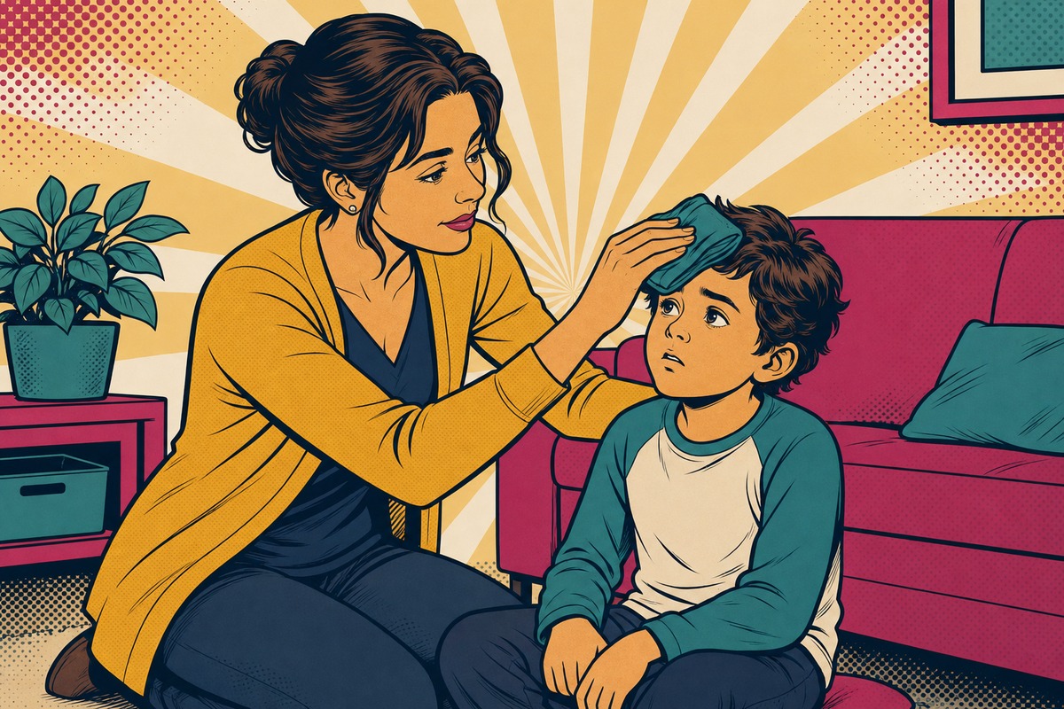 Illustrazione: un genitore osserva con calma il bambino dopo una botta in testa, con un impacco freddo sulla fronte
