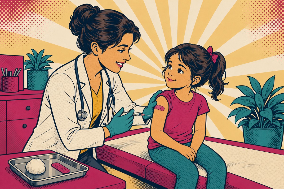Illustrazione: una bambina serena in ambulatorio con il pediatra durante la vaccinazione antinfluenzale
