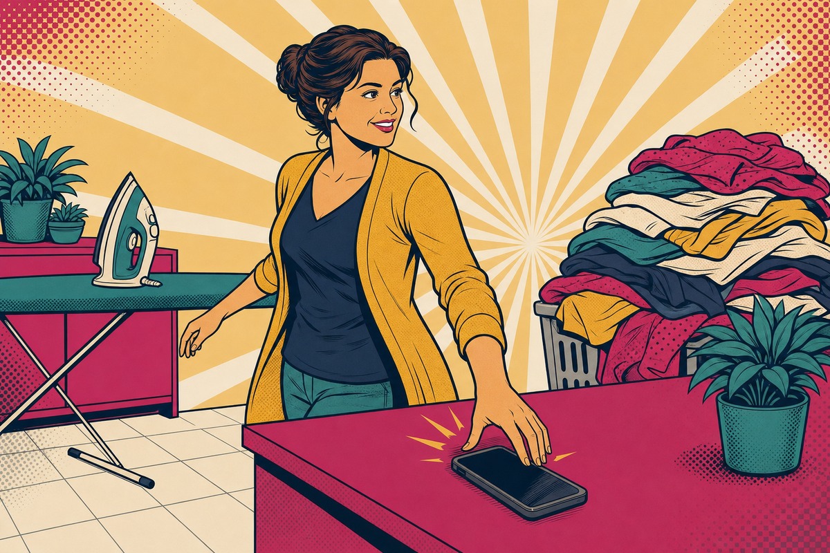 Illustrazione: una mamma posa a faccia in giù lo smartphone dei social e affronta finalmente la pila di stiro rimandata, facendo il primo passo
