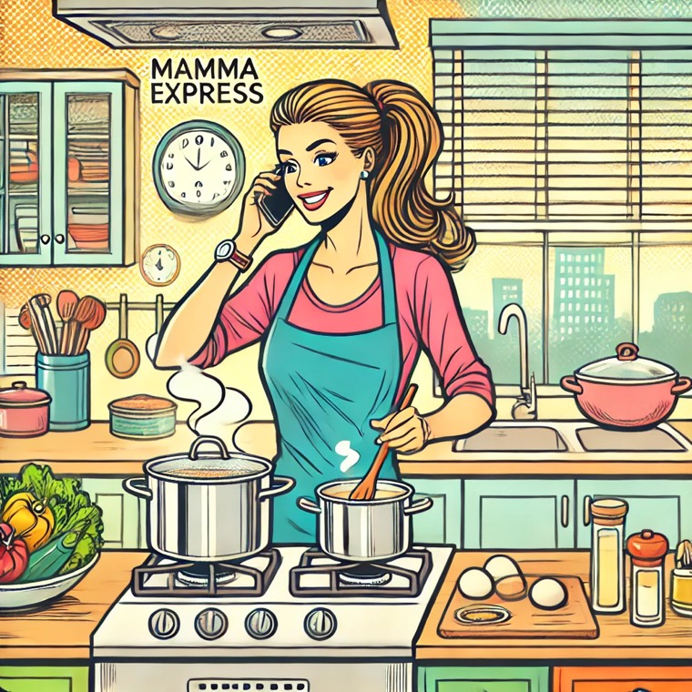 Illustrazione della mamma di MammaExpress che cucina mentre organizza la giornata